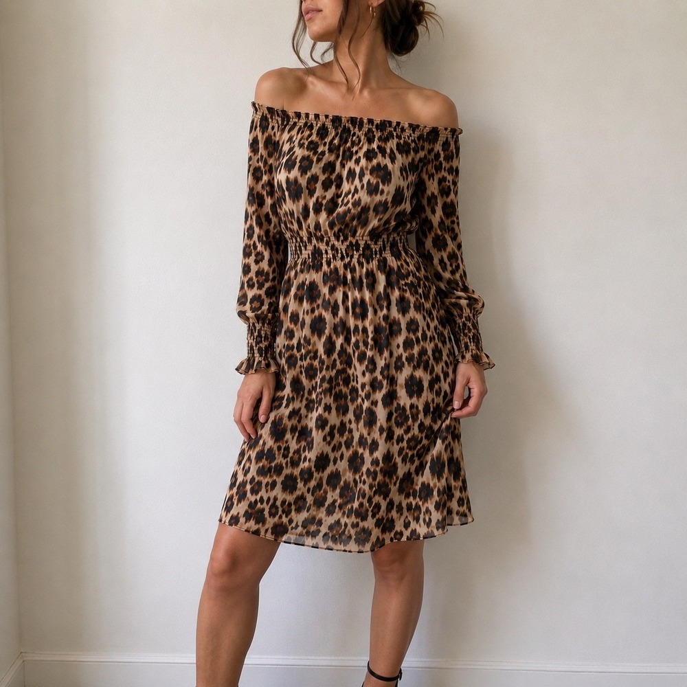 White House Black Market Brown‎ Leopard Dress Smocked Off Shoulder XS Boho Indie